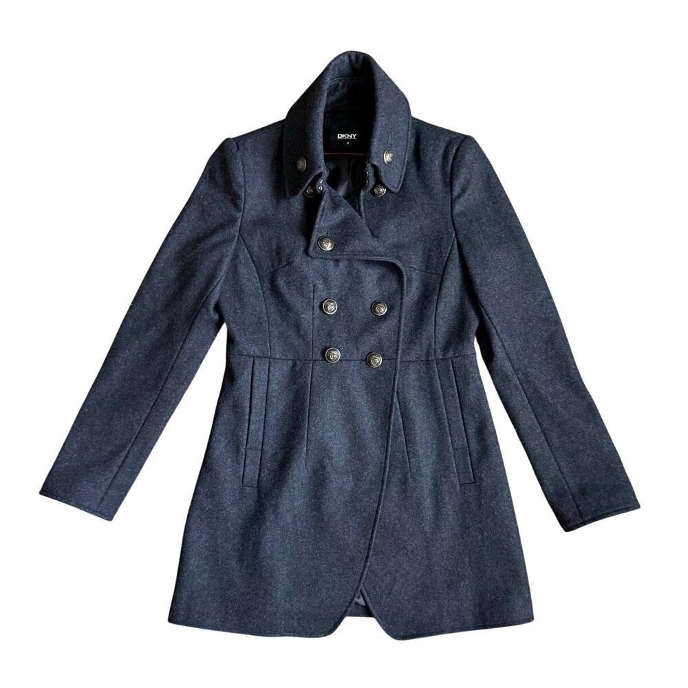 DKNY Charcoal Grey Wool Peacoat Military Double Breasted A-Line Trench Coat 4